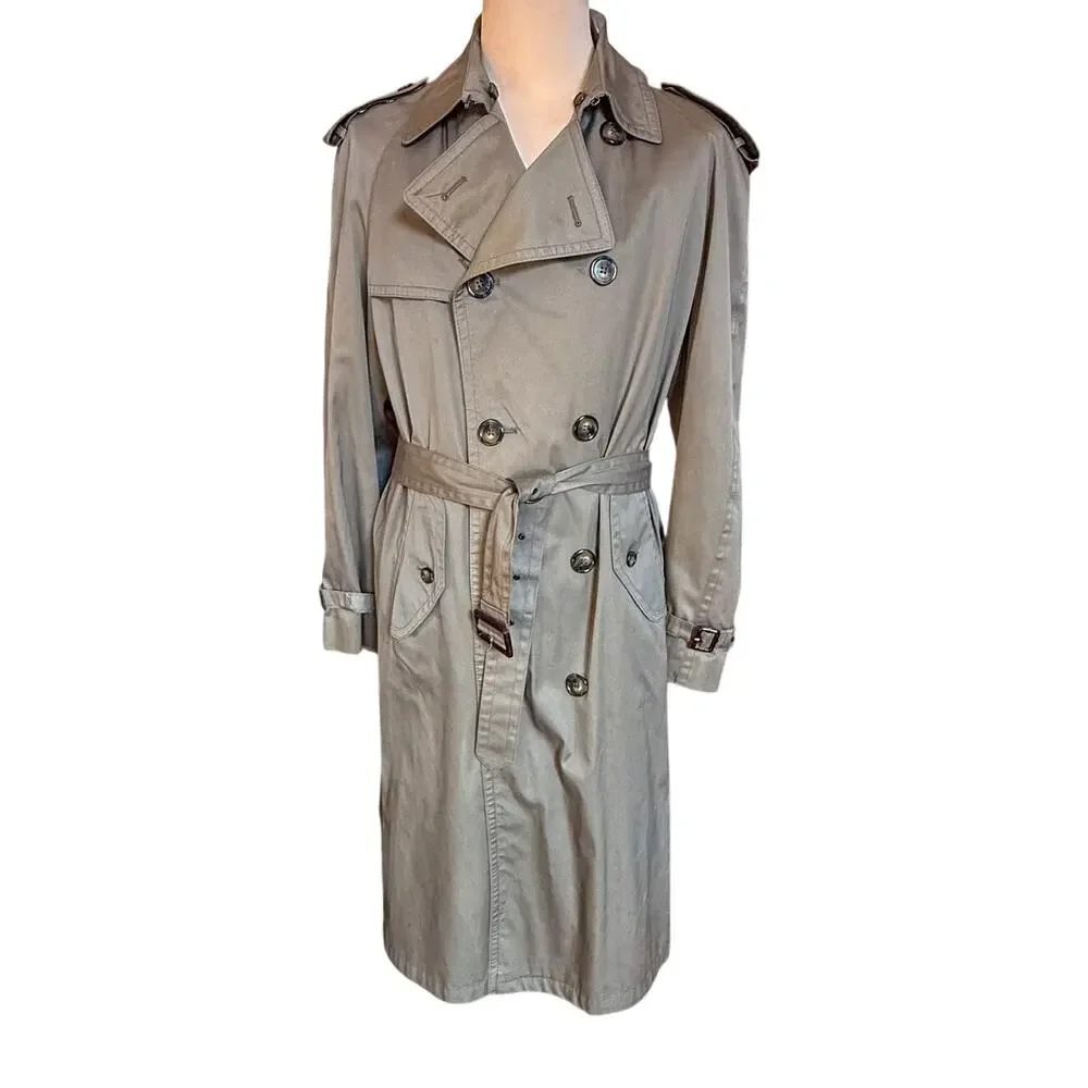 VTG 60s Poland Trench Coat Mens 40 US M Dark Khaki Check Lining Belted